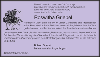 Traueranzeige von Roswitha Griebel von Südthüringer Presse