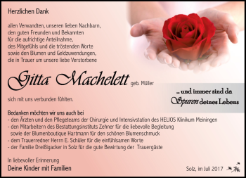 Traueranzeige von Gitta Machelett von Südthüringer Presse