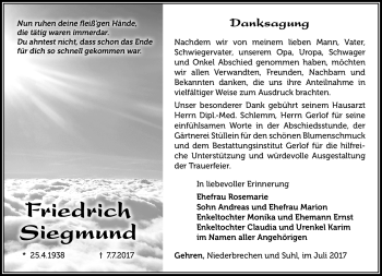 Traueranzeige von Friedrich Siegmund von Südthüringer Presse
