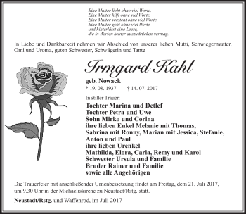 Traueranzeige von Irmgard Kahl von Südthüringer Presse