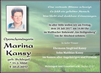 Traueranzeige von Marina Kansy von Südthüringer Presse
