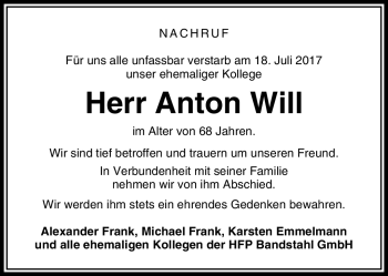 Traueranzeige von Anton Will von Südthüringer Presse
