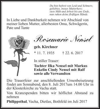 Traueranzeige von Rosemarie Nensel von Südthüringer Presse