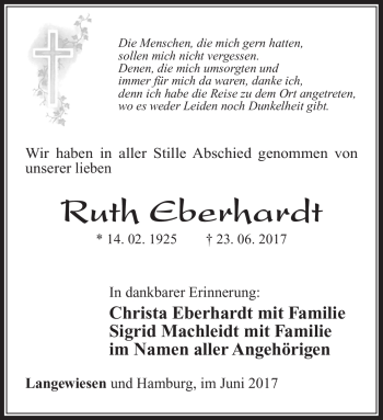 Traueranzeige von Ruth Eberhardt von Südthüringer Presse