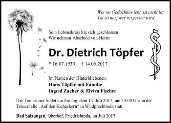Traueranzeige von Dietrich Töpfer von Südthüringer Presse