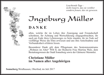 Traueranzeige von Ingeburg Müller von Südthüringer Presse