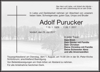 Traueranzeige von Adolf Purucker von Frankenpost