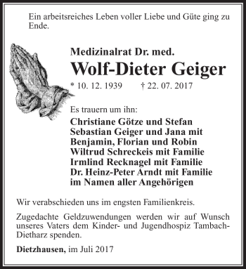 Traueranzeige von Wolf-Dieter Geiger von Südthüringer Presse