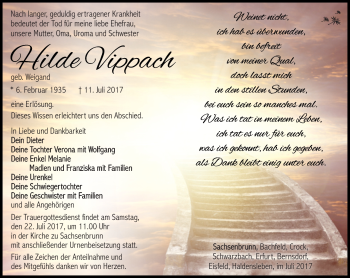 Traueranzeige von Hilde Vippach von Südthüringer Presse