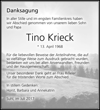 Traueranzeige von Tino Krieck von Südthüringer Presse