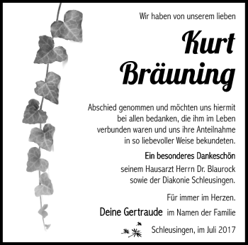 Traueranzeige von Kurt Bräuning von Südthüringer Presse