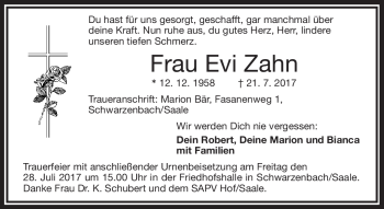 Traueranzeige von Evi Zahn von Frankenpost