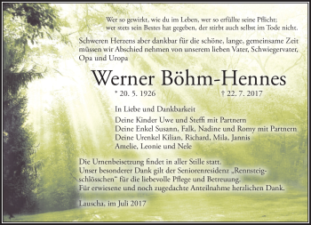 Traueranzeige von Werner Böhm-Hennes von Südthüringer Presse