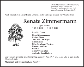 Traueranzeige von Renate Zimmermann von Südthüringer Presse