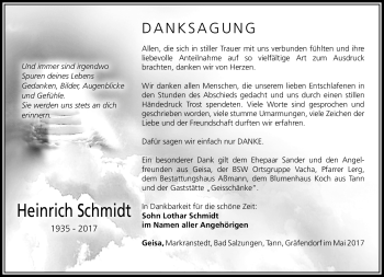 Traueranzeige von Heinrich Schmidt von Südthüringer Presse