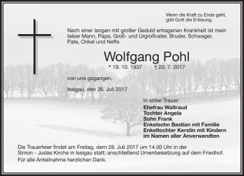 Traueranzeige von Wolfgang Pohl von Frankenpost