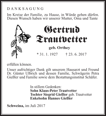Traueranzeige von Gertrud Trautvetter von Südthüringer Presse