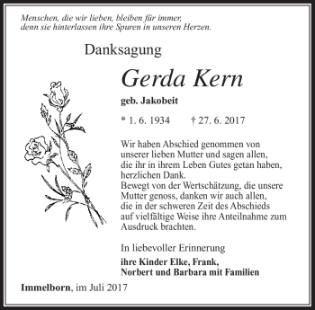 Traueranzeige von Gerda Kern von Südthüringer Presse