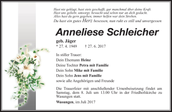 Traueranzeige von Anneliese Schleicher von Südthüringer Presse