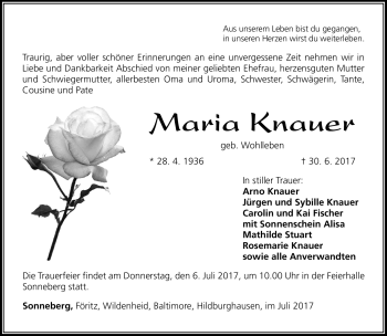 Traueranzeige von Maria Knauer von Südthüringer Presse