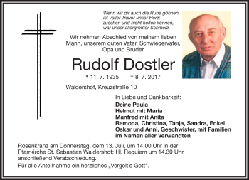 Traueranzeige von Rudolf Dostler von Frankenpost