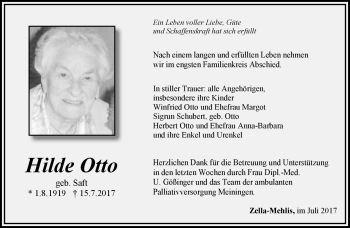 Traueranzeige von Hilde Otto von Südthüringer Presse