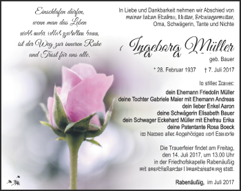 Traueranzeige von Ingeborg Müller von Südthüringer Presse