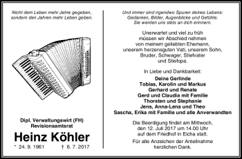 Traueranzeige von Heinz Köhler von Frankenpost