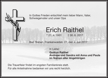 Traueranzeige von Erich Raithel von Frankenpost