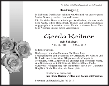 Traueranzeige von Gerda Reitner von Südthüringer Presse