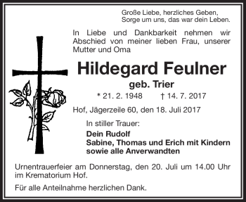 Traueranzeige von Hildegard Feulner von Frankenpost