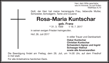 Traueranzeige von Rosa-Maria Kuntschar von Frankenpost