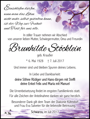 Traueranzeige von Brunhilde Stöcklein von Südthüringer Presse