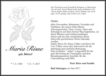 Traueranzeige von Maria Risse von Südthüringer Presse