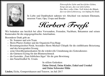 Traueranzeige von Herbert Freeß von Südthüringer Presse