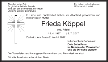 Traueranzeige von Frieda Köppel von Frankenpost