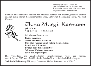 Traueranzeige von Ilona Margit Kermann von Südthüringer Presse