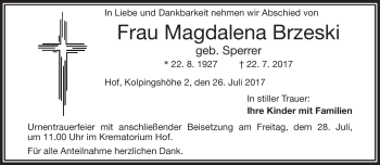 Traueranzeige von Magdalena Brzeski von Frankenpost