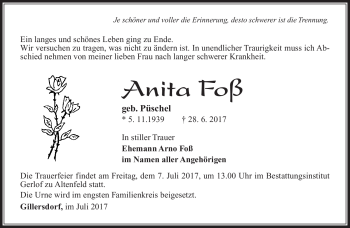 Traueranzeige von Anita Foß von Südthüringer Presse