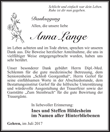 Traueranzeige von Anna Lange von Südthüringer Presse