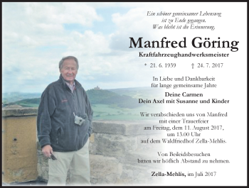 Traueranzeige von Manfred Göring von Südthüringer Presse