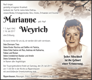 Traueranzeige von Marianne Weyrich von Südthüringer Presse