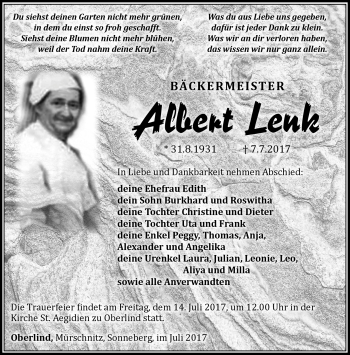 Traueranzeige von Albert Lenk von Südthüringer Presse