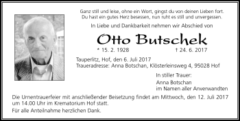 Traueranzeige von Otto Butschek von Frankenpost
