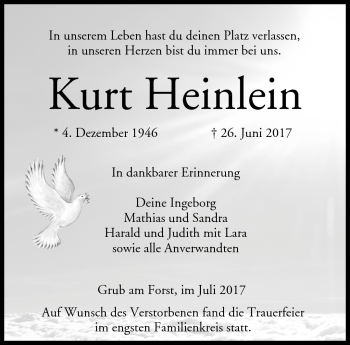 Traueranzeige von Kurt Heinlein von Neue Presse Coburg