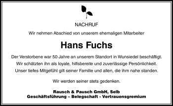 Traueranzeige von Hans Fuchs von Frankenpost