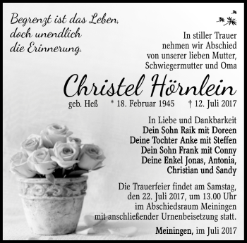 Traueranzeige von Christel Hörnlein von Südthüringer Presse