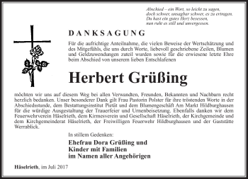 Traueranzeige von Herbert Grüßing von Südthüringer Presse