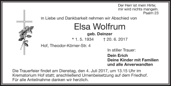 Traueranzeige von Elsa Wolfrum von Frankenpost