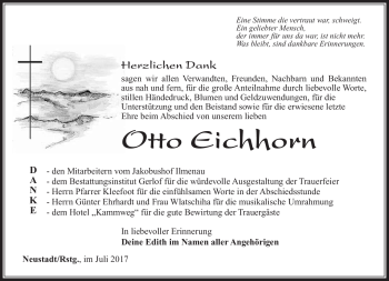 Traueranzeige von Otto Eichhorn von Südthüringer Presse